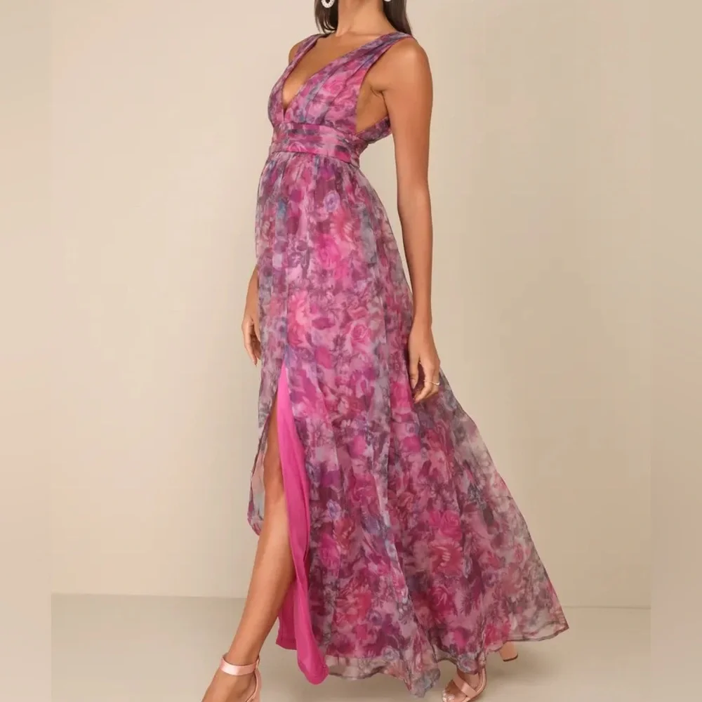 NWT Garden Romance Magenta Floral Print Organza Maxi Dress - Picture 3 of 8